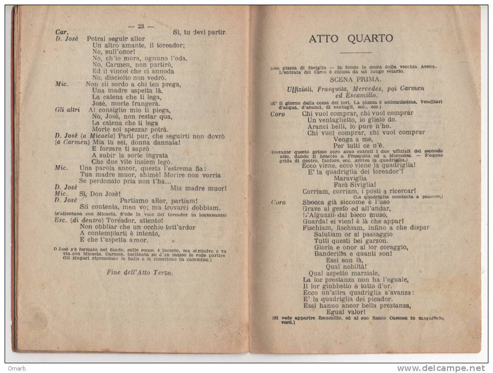 Lib073 Carmen, Dramma Lirico 4 Atti, Merimée, Musiche Bizet, Edizioni Barion, Opera, Teatro, Theatre, Anni ´40 - Theatre