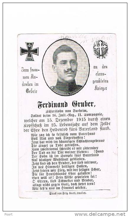 Duits Doodsprentje Ferdinand GRUBER +15/12/1915 - Sold. 16.Inf.Reg.,11.Komp. - Inhumé NEUVILLE ST. VAAST !!! - 1914-18