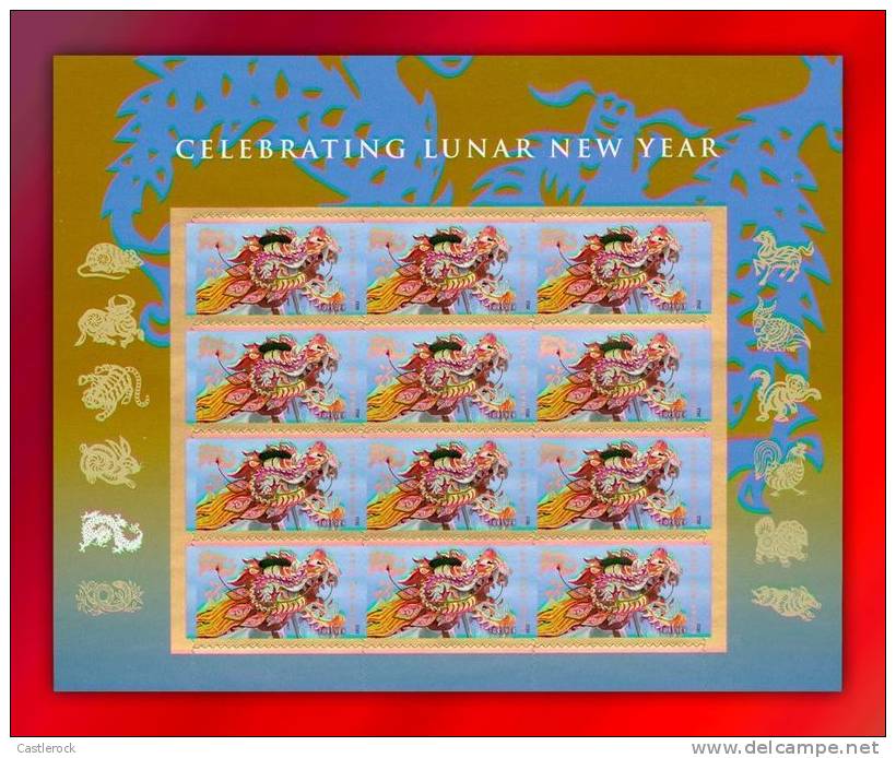 T)2012,UNITED STATES, PANE OF 12,YEAR OF THE DRAGON (FOREVER) 2012 .- - Hojas Completas