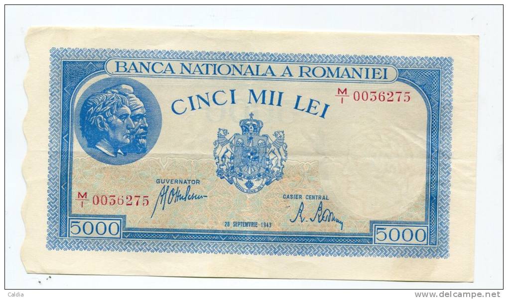 Roumanie Romania Rumänien 5000 Lei " 28 SEPTEMBRIE 1943 " XF - Rumania