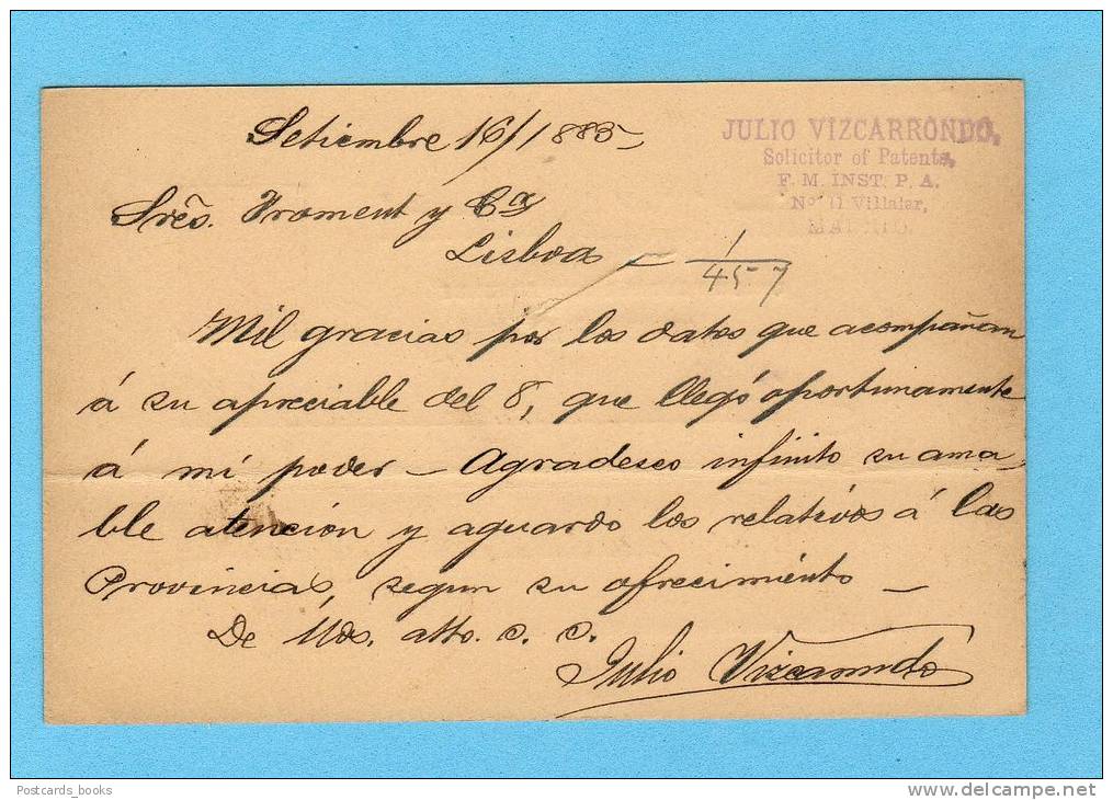 1883 Espana Postal Entero. Stationery Card Spain. Sello Commercial Cancel "SOLICITOR Of PATENTs". Madrid To PORTUGAL. - 1850-1931