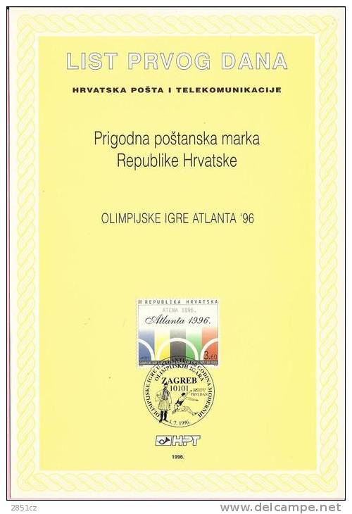 OLYMPIC GAMES ATLANTA '96, Zagreb, 4.7.1996., Croatia, Casually Card - Estate 1996: Atlanta