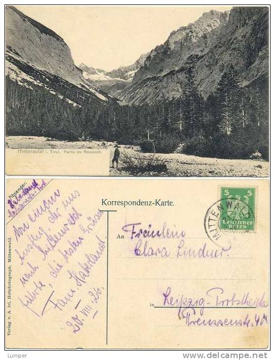 AK Mittenwald Tirol 1926, Hinterautal Rossloch Wanderer - Autres & Non Classés