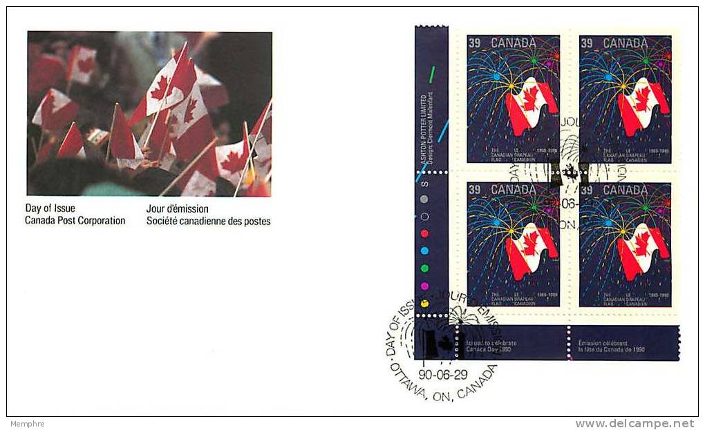 1990   Canadian Flag And Fireworks  Sc 1278   Plate Block Of 4 - 1981-1990