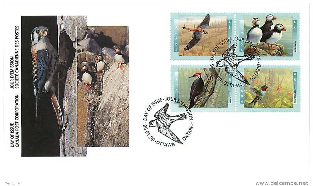 1996   Birds: Kestrel, Puffin, Woodpecker, Hummingbird     Sc 1591-4   Plate Block Of 4  Different - 1991-2000