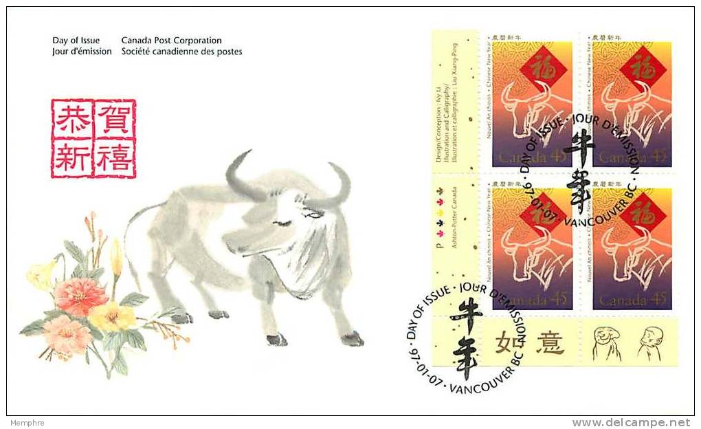 1997  Year Of The Ox    Sc 1630   Plate Block Of 4 - 1991-2000