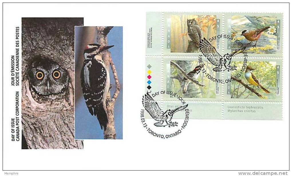 1998  Birds: Woodpecker, Flycatcher, Owl, Finch      Sc 1710-3  Plate Block Of 4 Different - 1991-2000