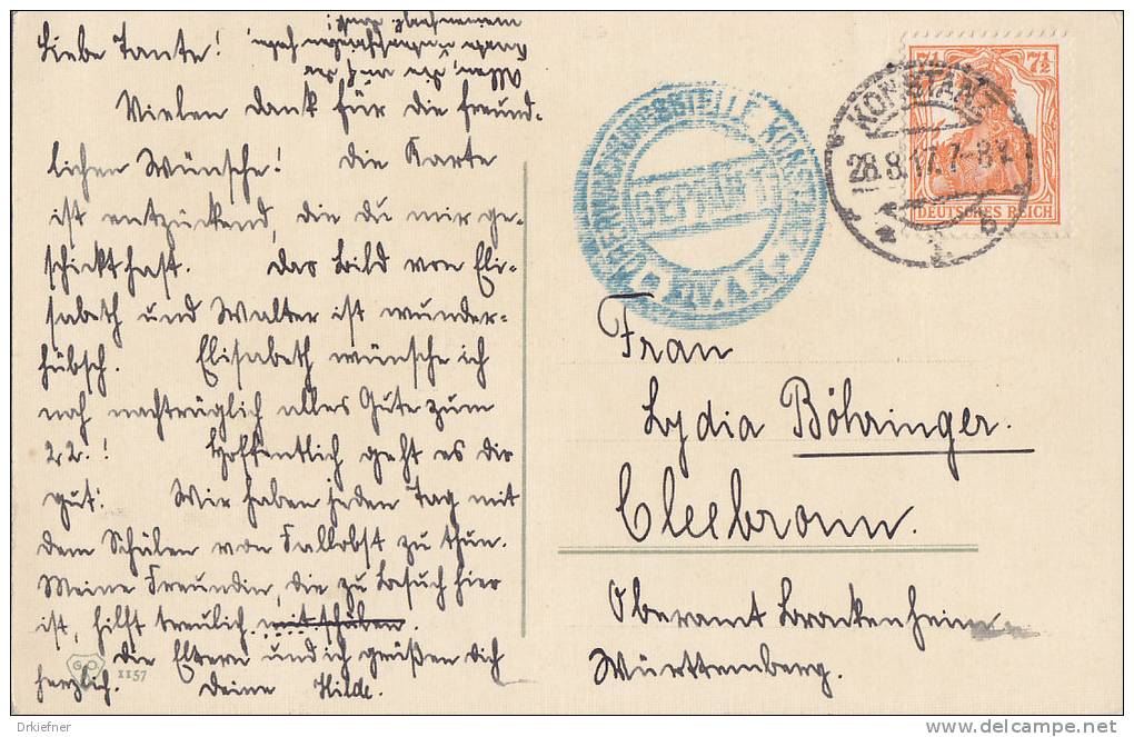 INFLA Postkarte Mit DR 99 EF, Poststempel: Konstanz 28.8.1917, AK: Anemonen, Bibelspruch, ZENSUR - Other & Unclassified