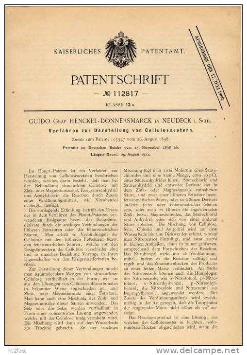 Original Patentschrift - G. Graf Henckel-Donnersmarck In Neudeck I. Schl., 1898 , Darstellung Von Cellulose !!! - Historische Dokumente