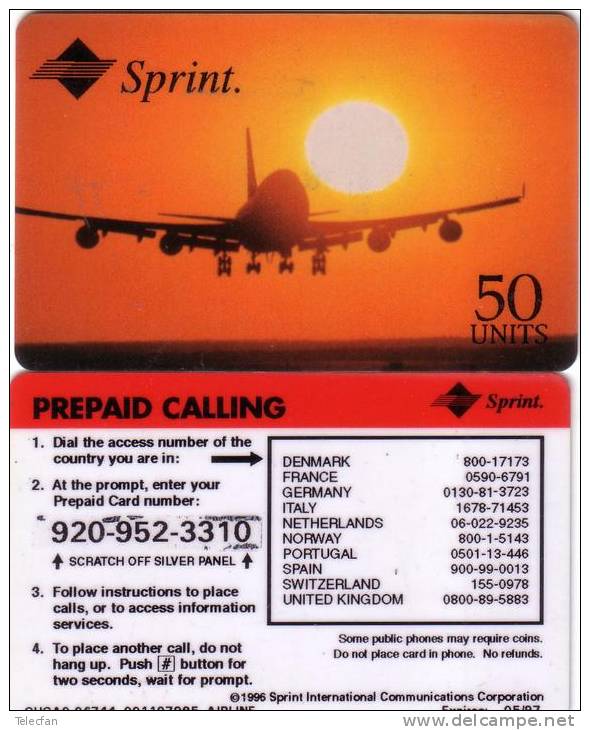 USA PREPAID SPRINT AIRPLANE AVION SUNSET VALID 05.97 - Sprint