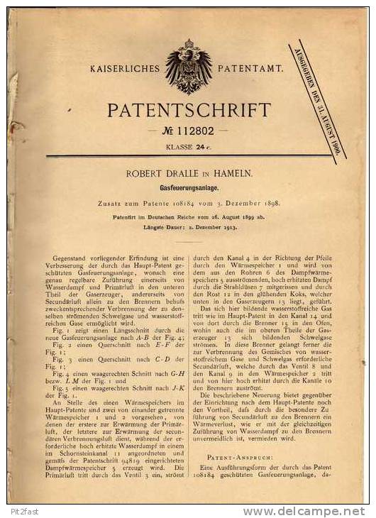 Original Patentschrift - R. Dralle In Hameln , 1899 , Gasfeuerungsanlage , Heizung , Feuerung !!! - Architectuur