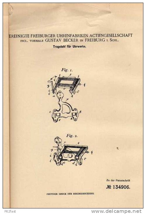 Original Patentschrift - Uhrenfabrik Freiburg I. Schl., 1902 , Tragstuhl Für Uhrwerke , Uhrmacher !!! - Otros & Sin Clasificación