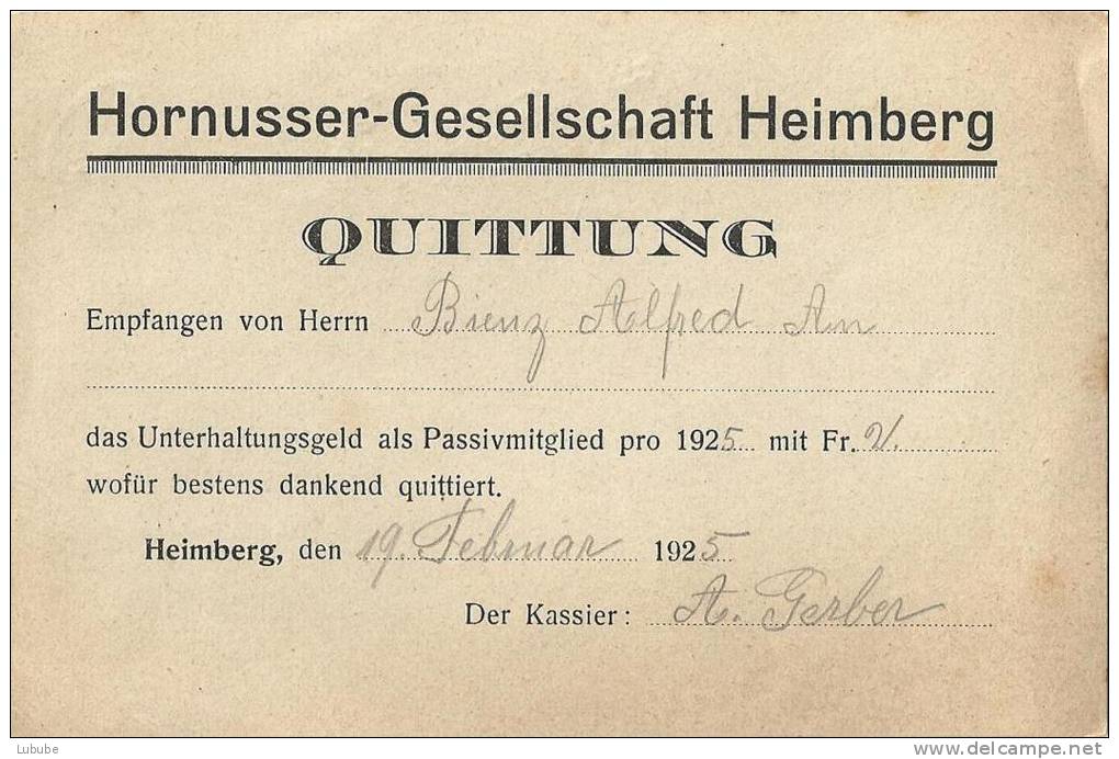 Quittung  "Hornusser Gesellschaft, Heimberg"        1925 - Sport
