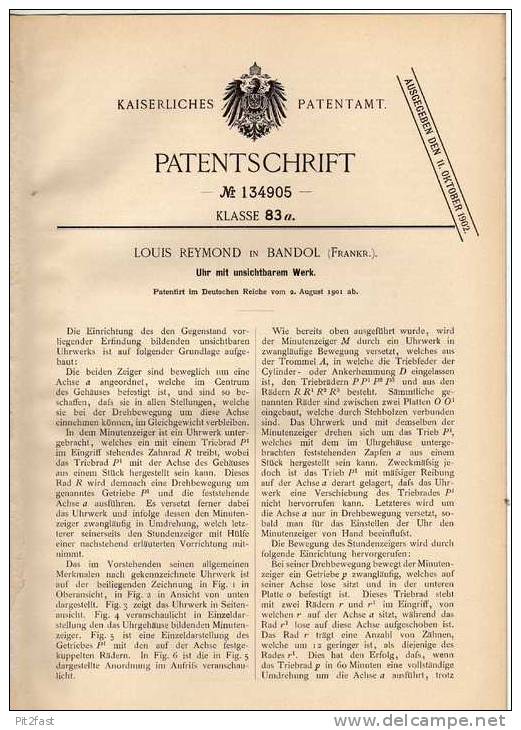 Original Patentschrift - L. Reymond In Bandol , 1901 , Uhr Mit Unsichtbarem Werk !!! - Antike Uhren