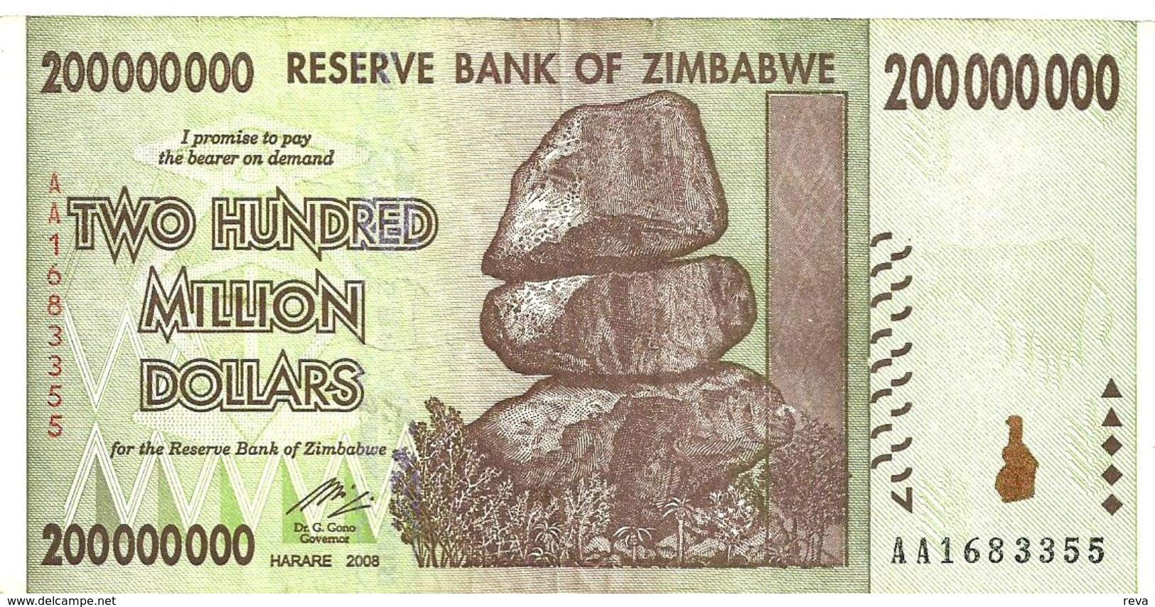 ZIMBABWE $200 MILLION BROWN ROCKS FRONT BUILDING BACK DATED 2008 VF READ DESCRIPTION CAREFULLY !!! - Simbabwe