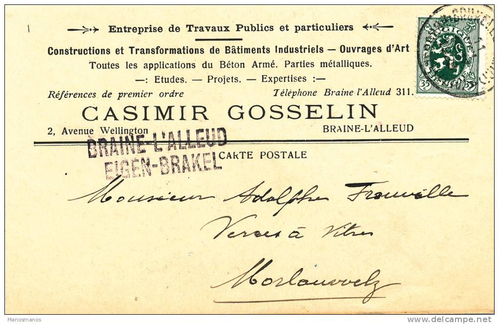 365/19 -  Carte Privée TP Héraldique BXL 1929 - Griffe De Gare BRAINE L´ALLEUD - Entete Gosselin , Travaux Publics - Langstempel