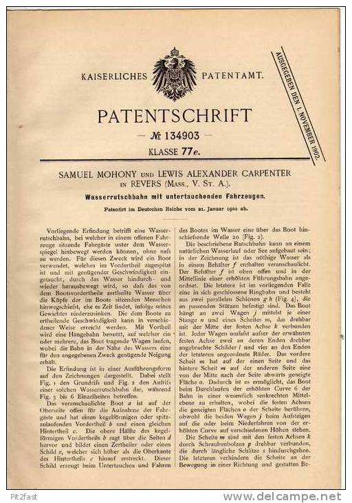 Original Patentschrift - S. Mohony In Revers , USA , 1902 , Wasser - Rutschbahn Mit Tauchenden Fahrzeugen !!! - Other & Unclassified