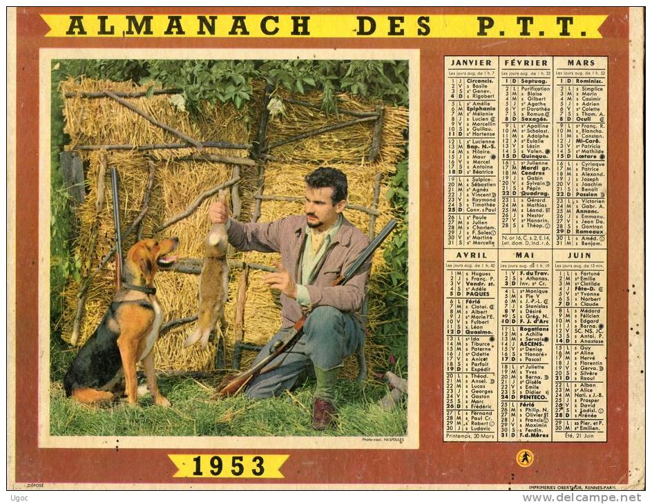 -  CALENDRIER Image Recto-Verso 1953 - Thèmes Chasse Et Pêche - 505 - Grand Format : 1941-60