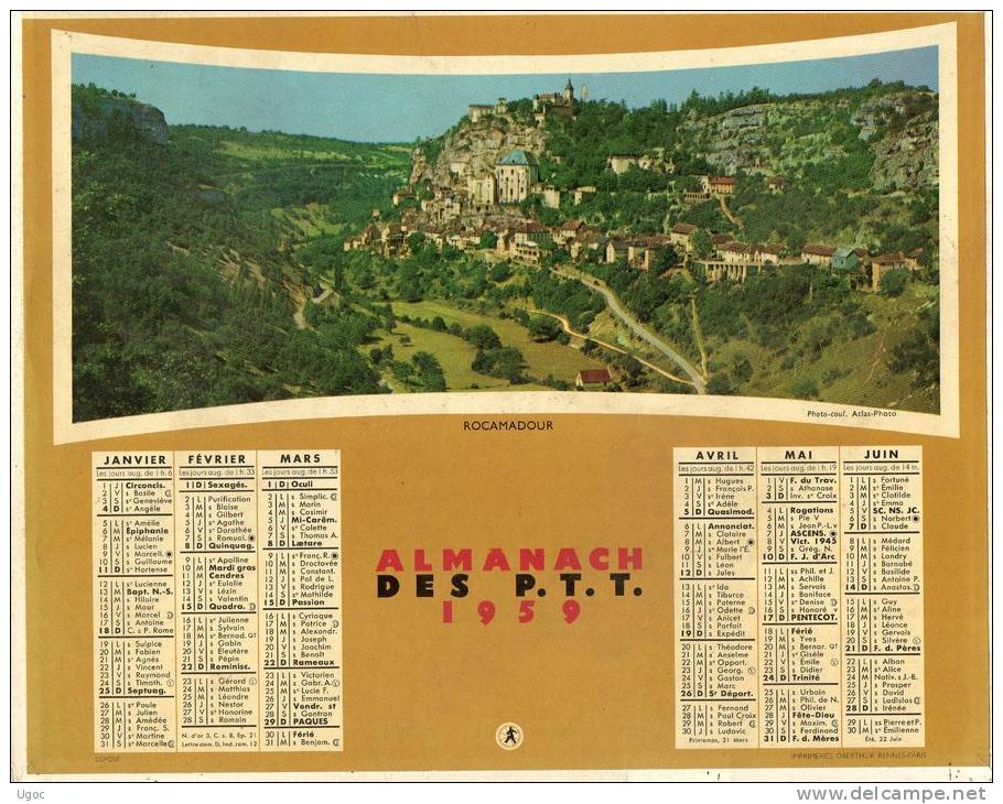 -  CALENDRIER Image Recto-Verso 1959 - Gérardmer Et Rocamadour - 509 - Grand Format : 1941-60