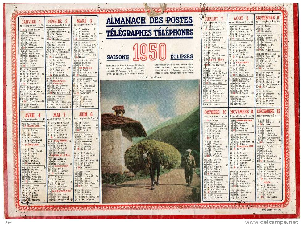 -  CALENDRIER 1950 - Lourd Fardeau. - Tamaño Grande : 1941-60