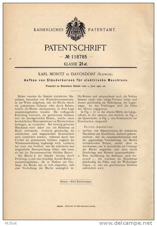 Original Patentschrift - K. Moritz In Davosdorf , 1900 , Ständerkern Für Elektrische Maschinen , Motoren !!! - Historische Dokumente