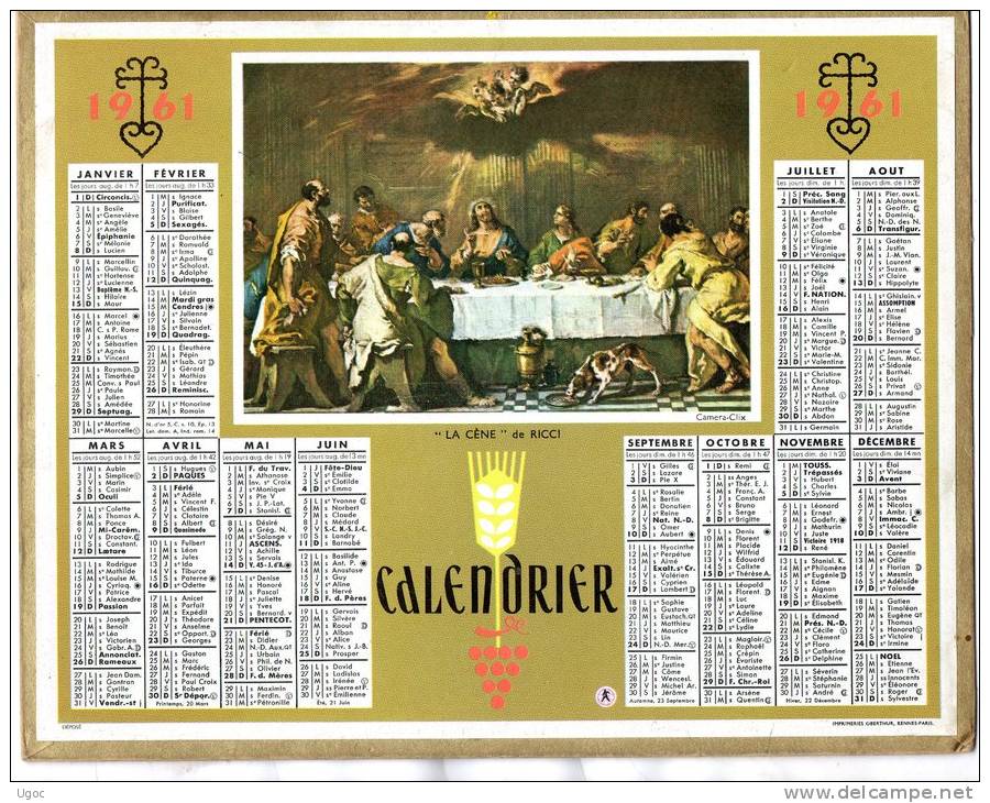 -  CALENDRIER 1961 - La Cène De Ricci.. - Groot Formaat: 1961-70