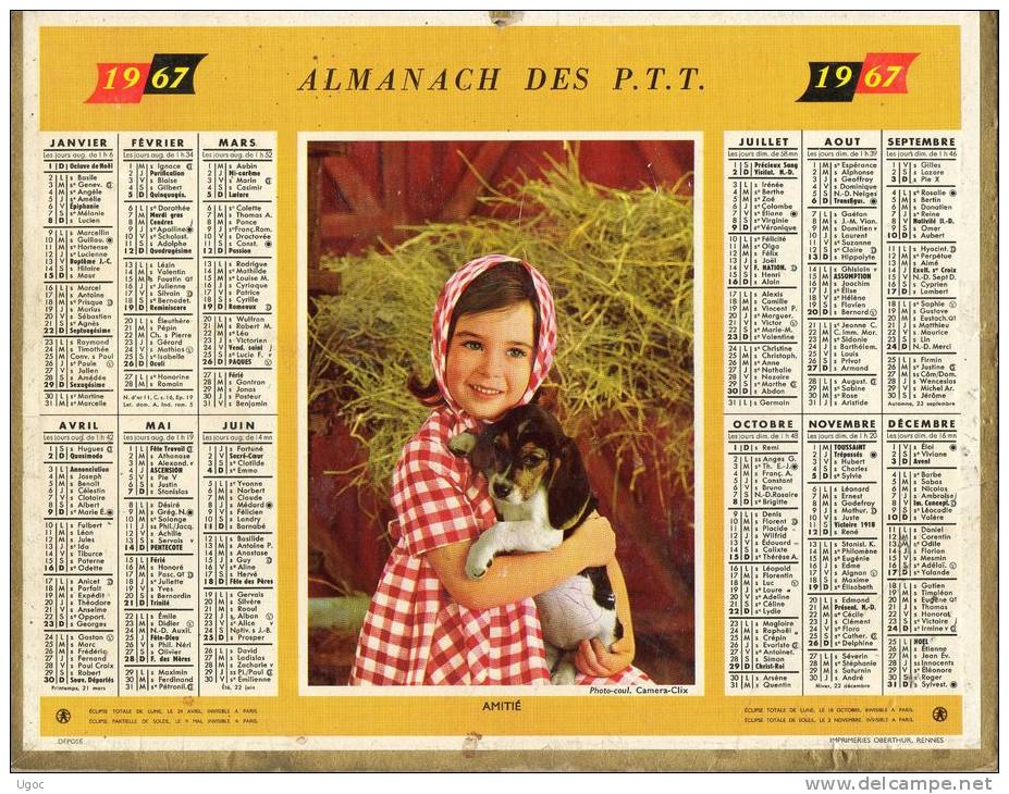 -  CALENDRIER 1967 - Amitié. - Grand Format : 1961-70