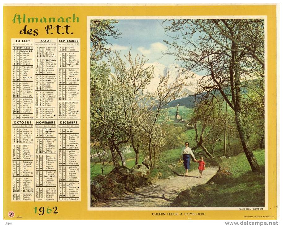 -  CALENDRIER Image Recto-Verso 1962 - Chemin Fleuri à COMBLOUX Et Matin D'été En Savoie - Grand Format : 1961-70