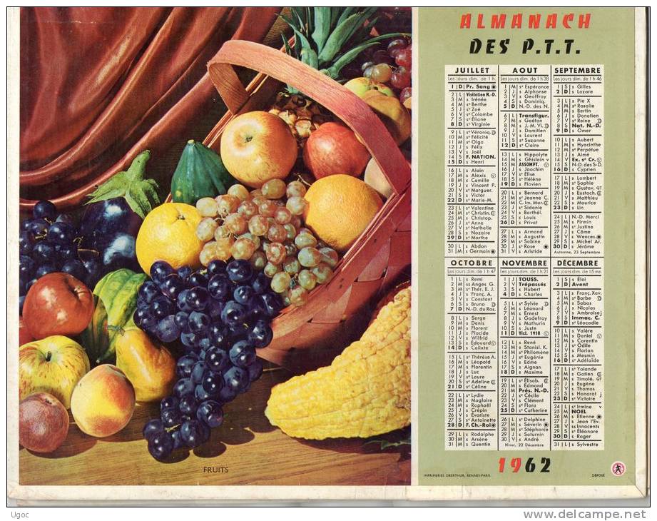 -  CALENDRIER Image Recto-Verso 1962 - Fleurs Et Fruits. - Big : 1961-70