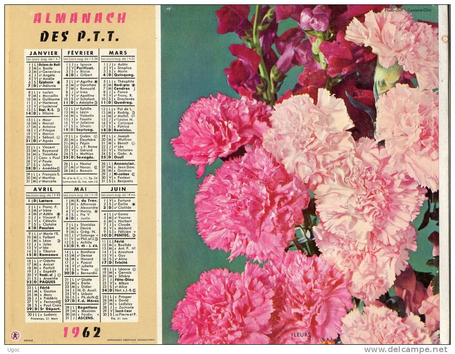 -  CALENDRIER Image Recto-Verso 1962 - Fleurs Et Fruits. - Grand Format : 1961-70