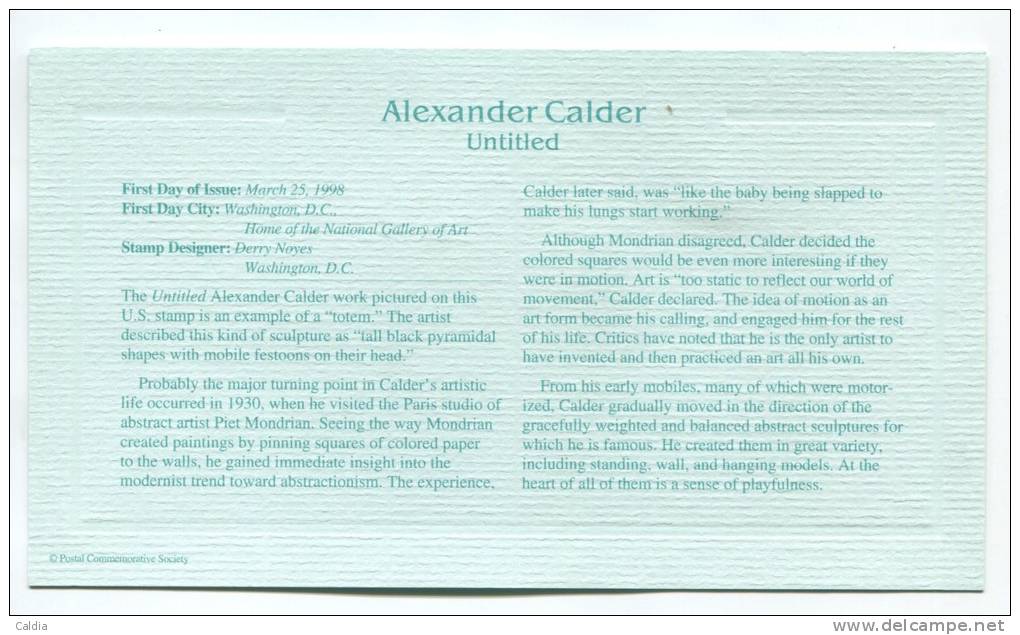 C First Day Of Issue "" Alexander Calder """ Gold Stamp Replica 1998 FDC/bu/UNC - Autres & Non Classés