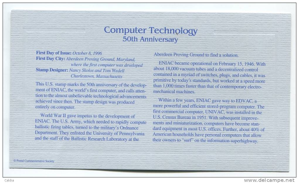 C First Day Of Issue "" Computer Technology , 50th Anniversary """ Gold Stamp Replica 1996 FDC/bu/UNC - Altri & Non Classificati