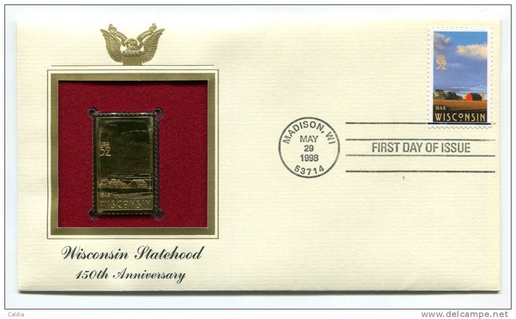 C First Day Of Issue "" Wisconsin Statehood, 150th Anniversary """ Gold Stamp Replica 1998 FDC/bu/UNC - Sonstige & Ohne Zuordnung