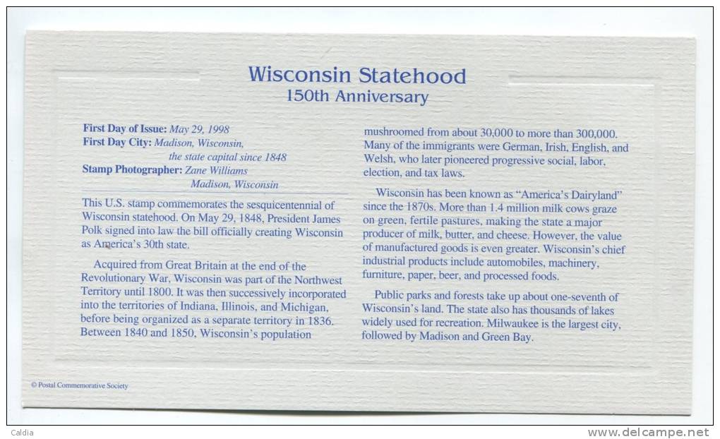 C First Day Of Issue "" Wisconsin Statehood, 150th Anniversary """ Gold Stamp Replica 1998 FDC/bu/UNC - Autres & Non Classés