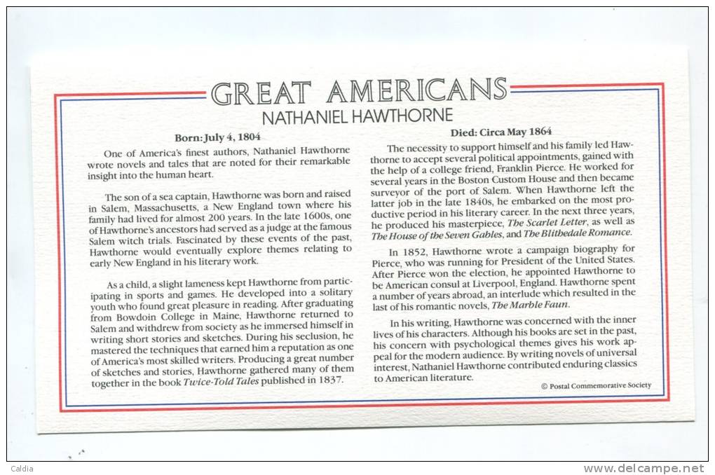 C Great Americans "" Nathaniel Hawthorne """ Gold Stamp Replica 1983 FDC/bu/UNC - Altri & Non Classificati