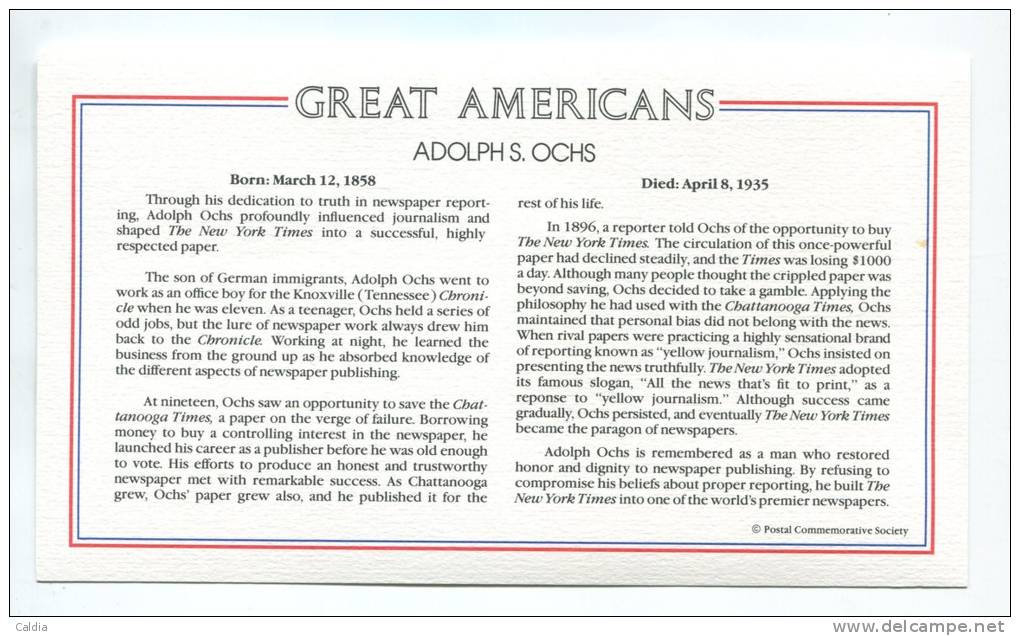 C Great Americans "" Adolph S. Ochs """ Gold Stamp Replica 1976 FDC/bu/UNC - Other & Unclassified