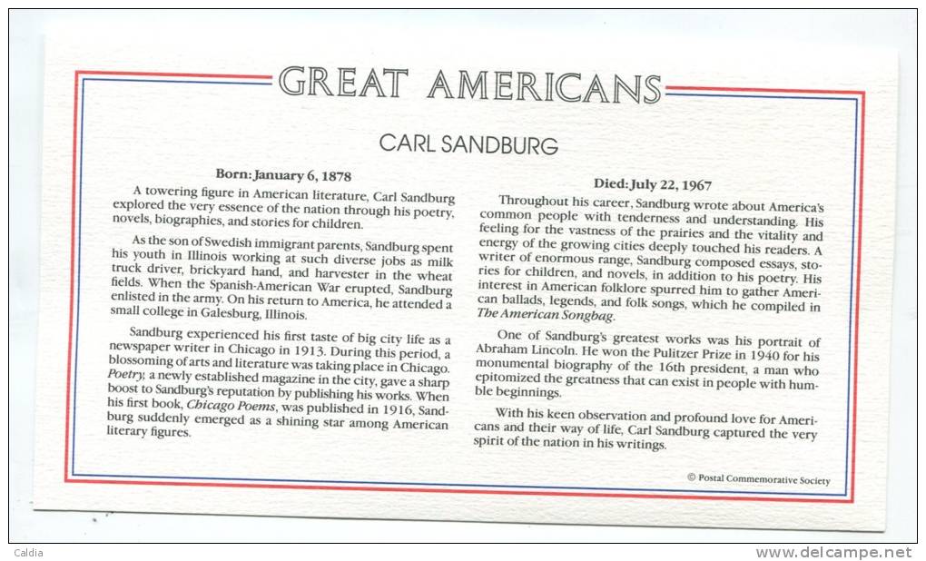 C Great Americans "" Carl Sandburg """ Gold Stamp Replica 1978 FDC/bu/UNC - Sonstige & Ohne Zuordnung