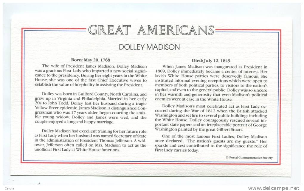 C Great Americans "" Dolley Madison """ Gold Stamp Replica 1980 FDC/bu/UNC - Otros & Sin Clasificación