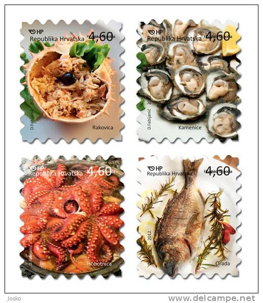 GASTRONOMY ( Croatian 4-stamp Self-adhesive Sheetlets MNH** ) SPIDER CRAB OYSTER Seashel Shell OCTOPUS GILTHEAD Fish - Food