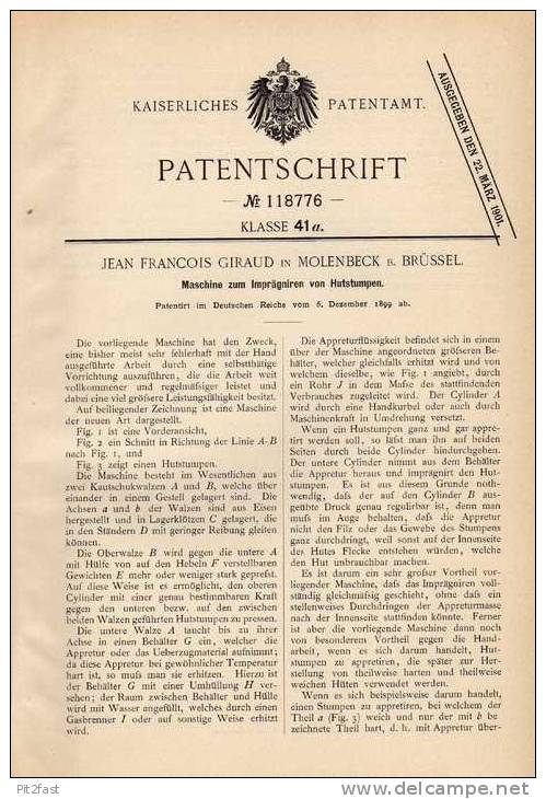 Original Patentschrift - J. Giraud In Molenbeek B. Brüssel , 1899 , Maschine Für Hüte , Hut !!! - Machines