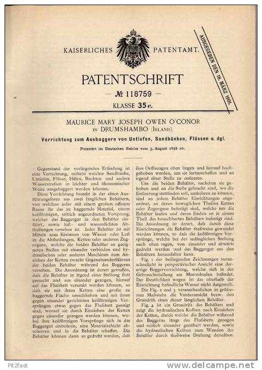 Original Patentschrift - M. O`Conor In Drumshanbo ,1898 , Excavators For Rivers, Sand Bars, Shoals, Harbor , Irland !!! - Maschinen