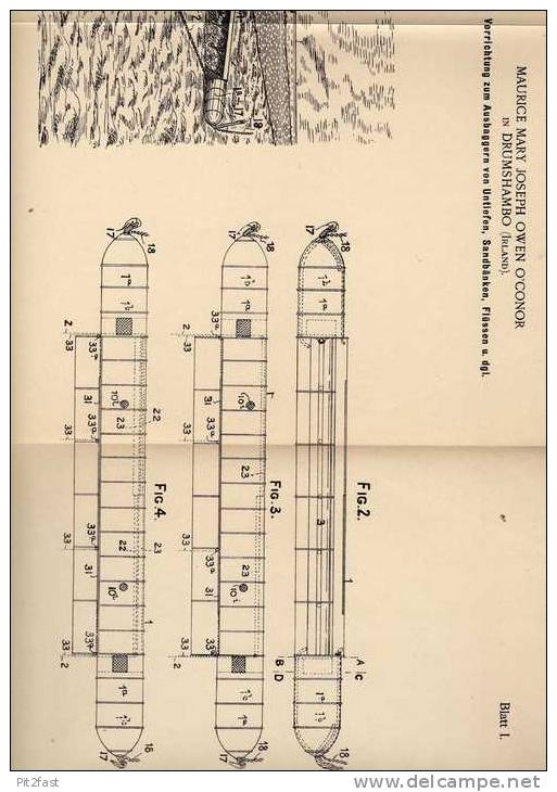 Original Patentschrift - M. O`Conor In Drumshanbo ,1898 , Excavators For Rivers, Sand Bars, Shoals, Harbor , Irland !!! - Tools