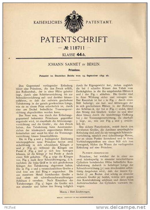 Original Patentschrift - J. Sammet In Berlin , 1899 , Primdose , Tabakdose , Prim , Tabak!!! - Tabaksdozen (leeg)