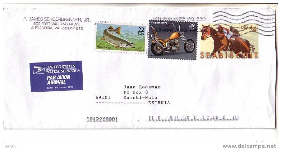 GOOD USA Postal Cover To ESTONIA 2012 - Good Stamped: Fish ; Chopper ; Seabis Cuit / Horse - Covers & Documents