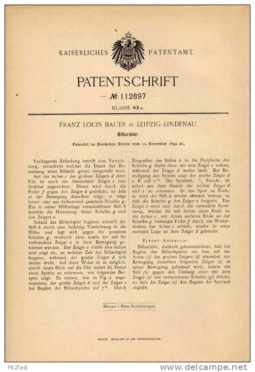 Original Patentschrift - F. Bauer In Leipzig - Lindenau , 1899 , Billiarduhr , Billiard !!! - Billard