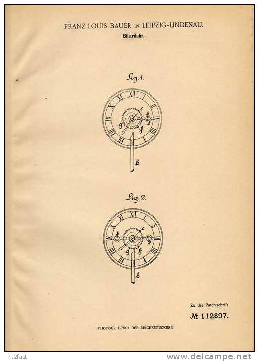 Original Patentschrift - F. Bauer In Leipzig - Lindenau , 1899 , Billiarduhr , Billiard !!! - Biljart