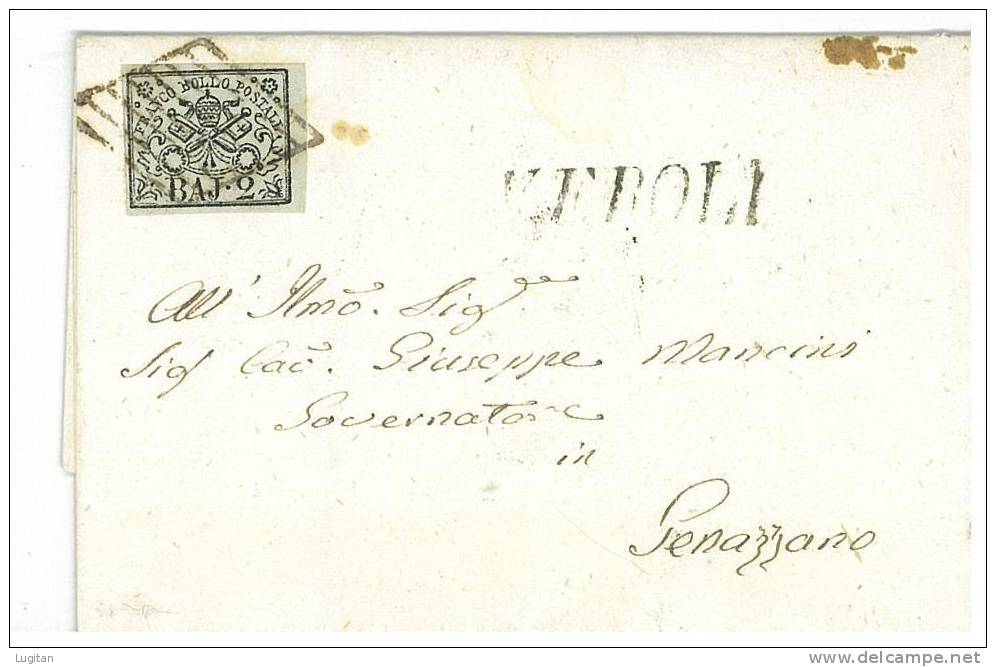 STORIA POSTALE - STATO PONTIFICIO - SASS. 3 Aa  - 2 BAJ  BIANCO VERDASTRO  - LETTERA DA  VEROLI PER GENAZZANO - Stato Pontificio