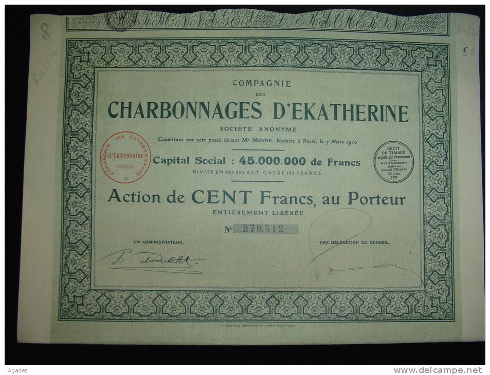 Action " Charbonnages D'Ekaterine " Russie (collieries)Russia 1910 Bon état Good Condition. - Russie