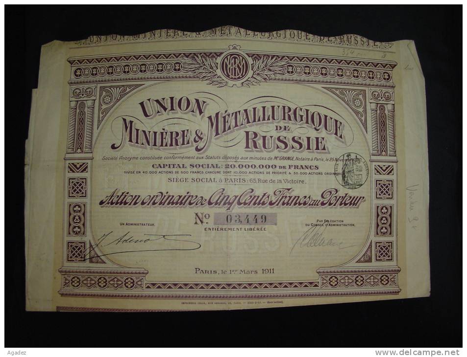 Action " Union Minière Et Metallurgique De Russie " " Mining & Metallurgical Union Of Russia " Paris 1911. - Russland
