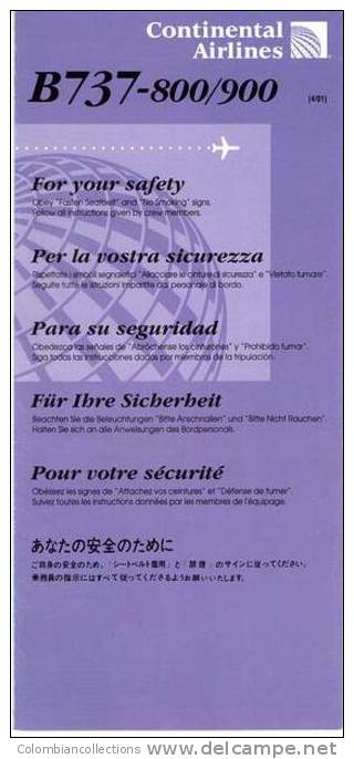 Lote TSA37, USA, Continetal Airlines, B737-800/900, Tarjeta De Seguridad, Safety Card - Safety Cards